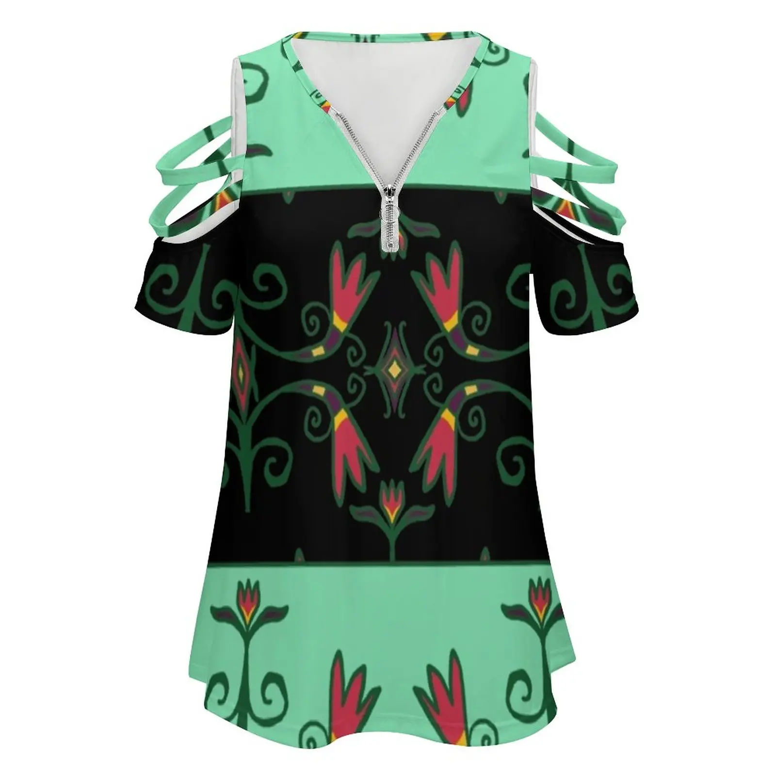 Green Anishinaabe Floral New Fashion Zip Off Shoulder Top Short-Sleeve Women Shirt Anishinaabe Native North Indigenous Great