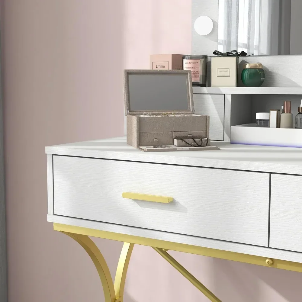 Dressing table with illuminated mirror, modern dressing table with 10 lights, bedroom 4-drawer storage dressing table