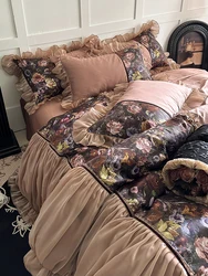 New Retro French Style 3D Oil Painting Floral Duvet Cover Set, Princess Ruffled 100% Cotton Dark Coffee Color 4-in-1 Bedding Set