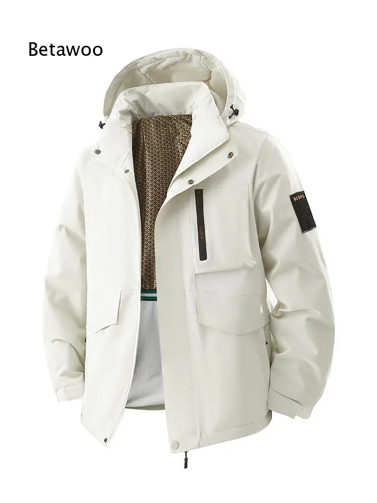 Men Hooded Windproof Parka Jacket Warm Padded Multi Pockets Zip Up Thick Outerwear for Hiking Camping Outdoor Daily Wear