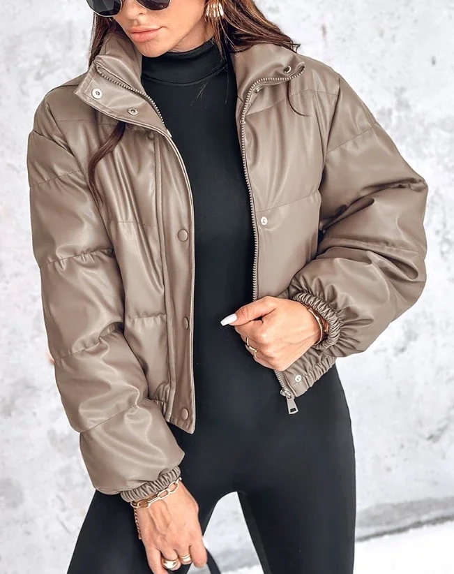 Winter Jacket Women\'s 2024 Casual Basic Fashion New In Coat Pu Leather Stand Up Collar Snap Zipper Windproof Warm Down Jacket