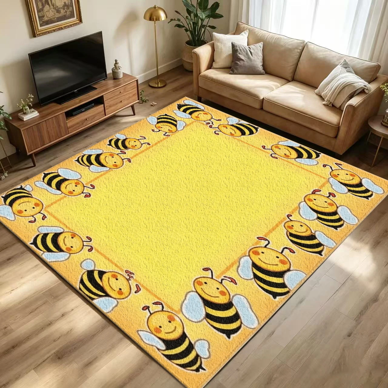 Cute Cartoon Bee Border Kids Area Rug Non Slip Washable Playroom Classroom Floor Carpet