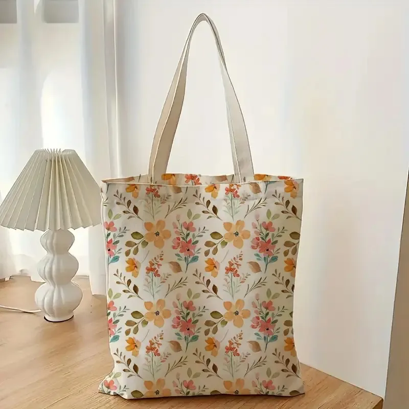 A Artistic wildflowers print canvas tote bag, suitable for daily use, shopping, school, and travel