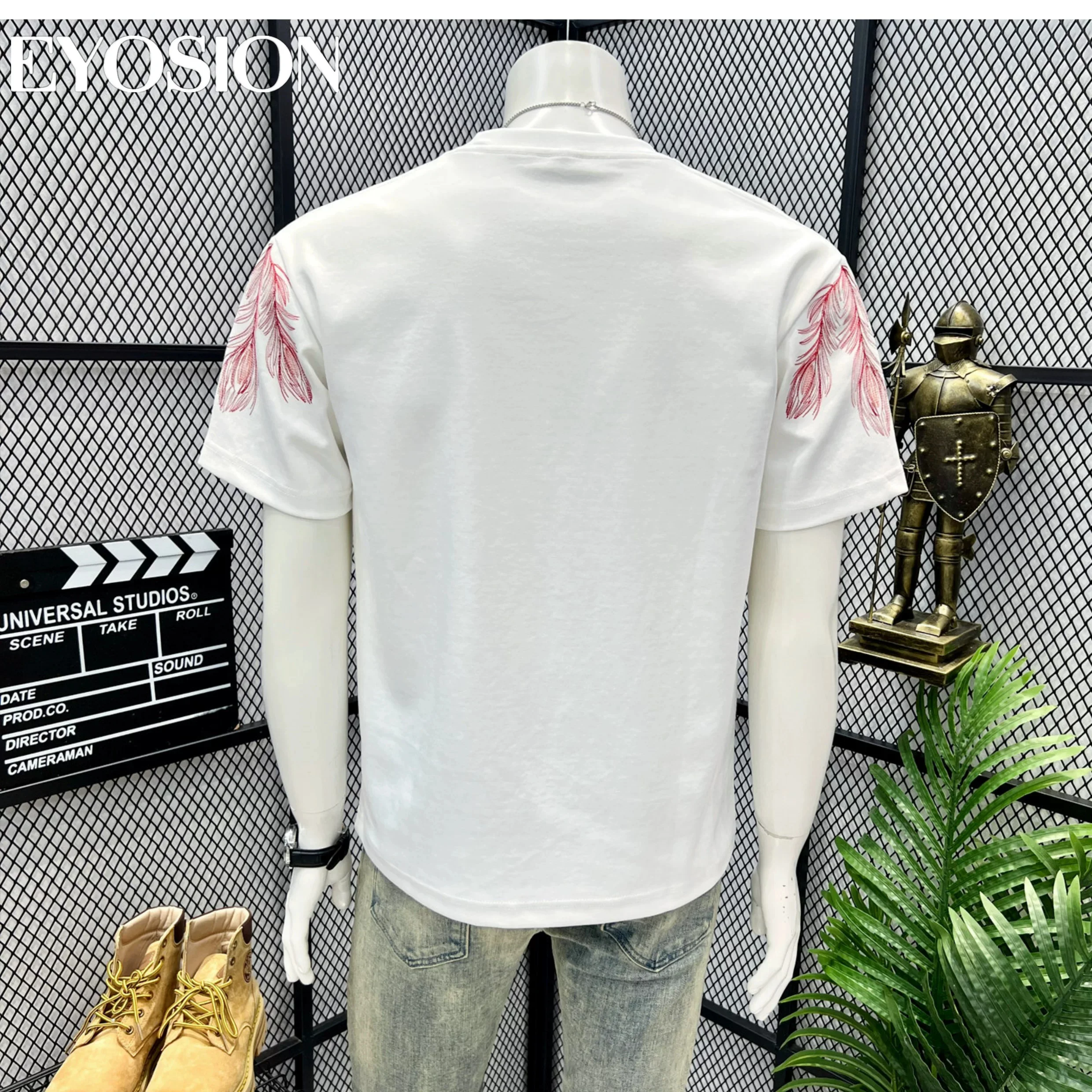 2026 Summer Men's T-shirt Peacock Feathers Embroidery Unisex Tee Shirt Casual Tees O-Neck High Quality Cotton Short Sleeve Tops