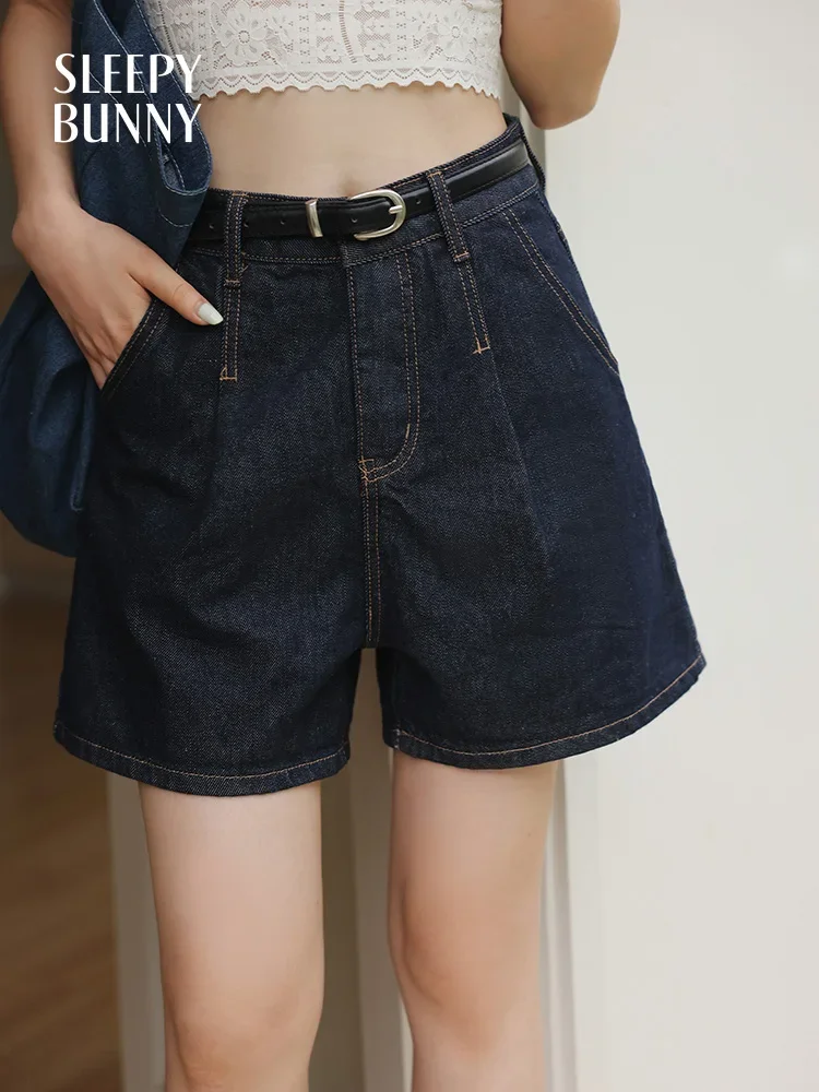 Vintage High Waist Denim Shorts Women Summer Dark Wash Wide Leg Casual Loose Fit Contrast Stitching Trendy Daily Hot Pants