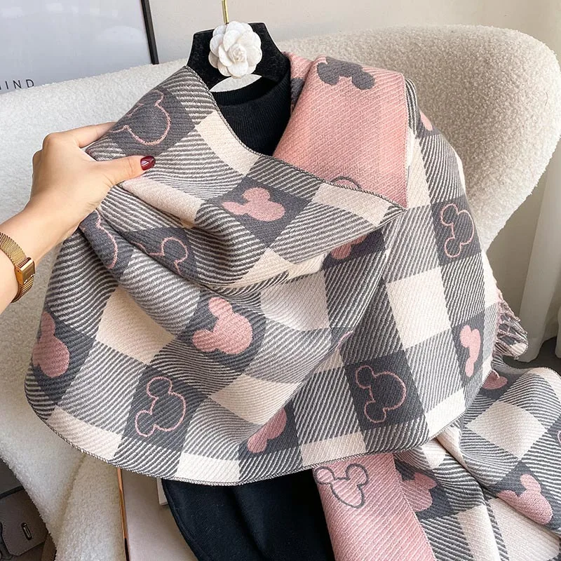 Coppia invernale Sciarpa di Topolino Design ispessito termico Moda Avvolgente a quadretti Cartone animato Scialle oversize Accessorio per la stagione fredda Regali