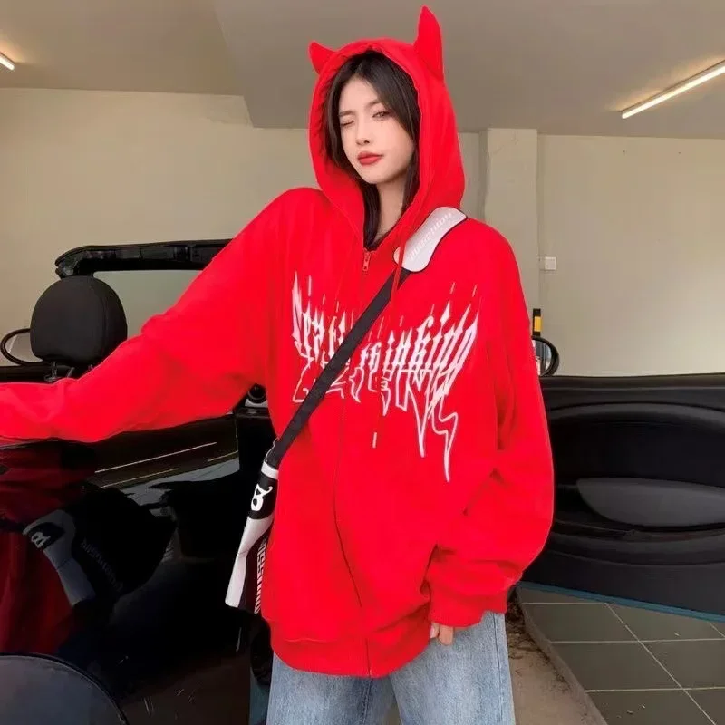 Gothic Zipper Oversized Y2k Streetwear Tail Hoodies Women Black Detachable Tail Harajuku Devil Horn Sweatshirts Loose Casual Top