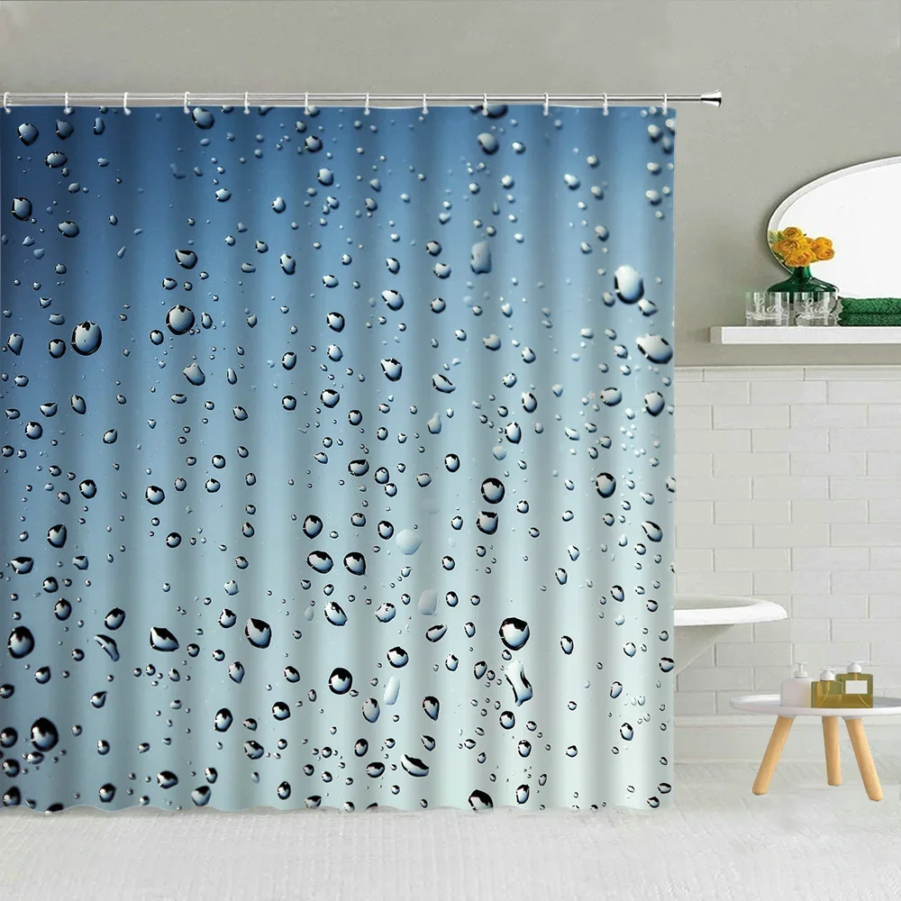 Raindrops Bubble Shower Curtain Water Drop Blue Color Background Bathroom Decor Modern Creative Waterproof Fabric Curtains Set