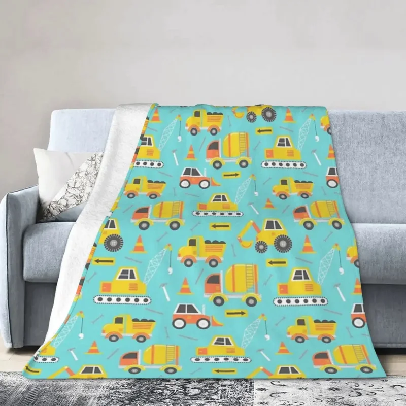 Construction Trucks On Aqua Blanket Soft Warm Flannel Throw Blanket Cover for Bed Living room Picnic Travel Home Sofa