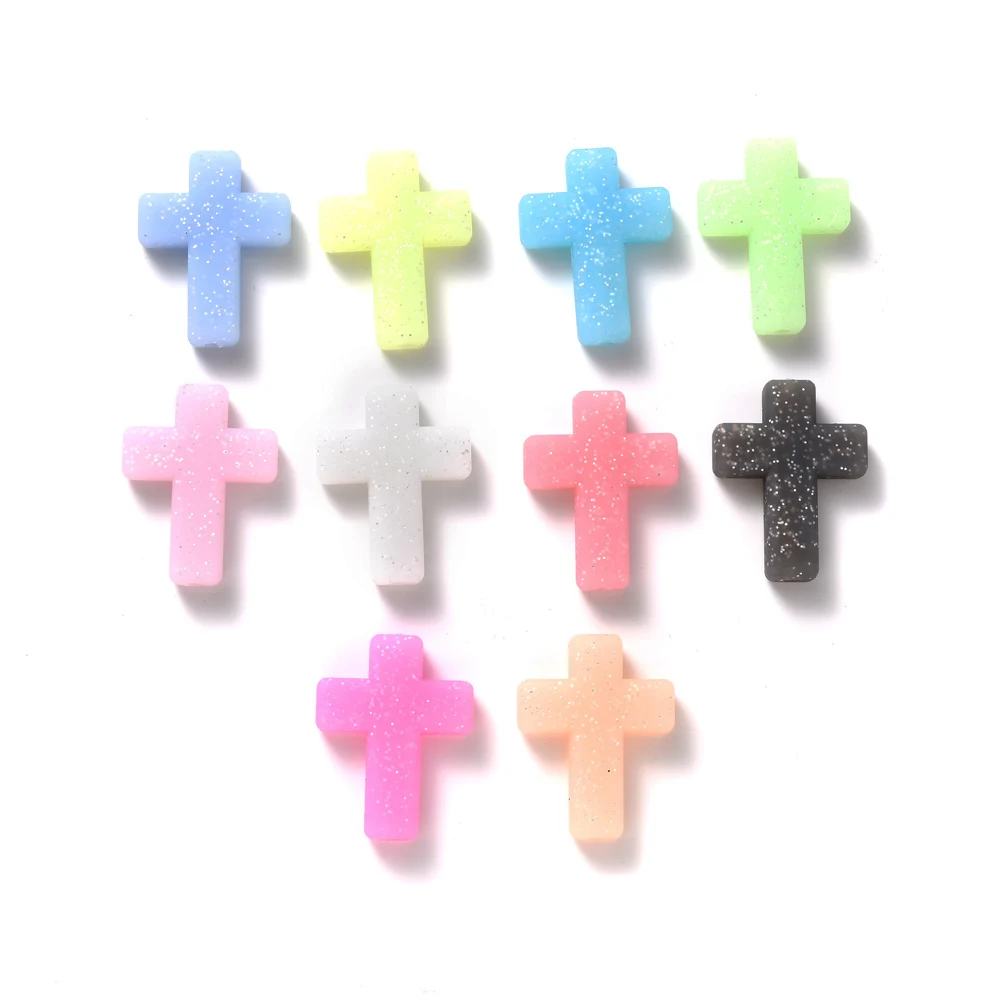 10Pcs Silicone Cross Luminous Beads with Fine Glitter Spacer Loose Beads Jewelry Accessories Phone Chain Making Diy Material