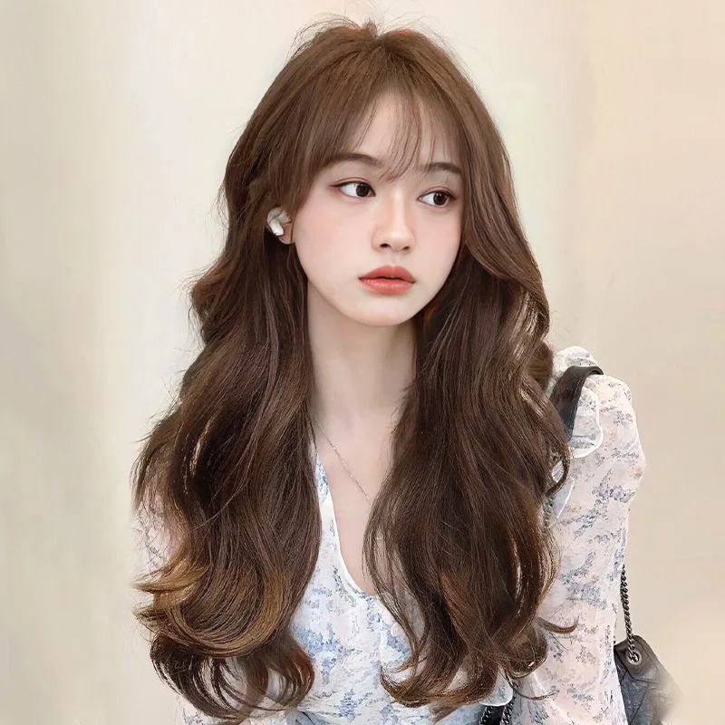 Women's long curly wig with air bangs, fashionable big waves, fluffy, realistic imitation human hair full headpiece