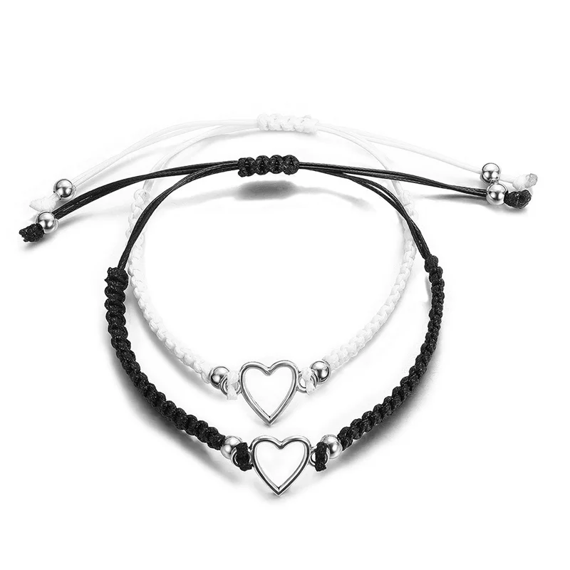 Pulsera de aleación con forma de corazón y amor para parejas, pulsera de cuerda ajustable en blanco y negro, regalo de cumpleaños, joyería hecha a mano