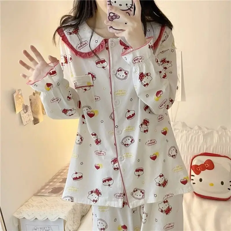 Anime Sanrioed Hello Kittys Pajamas Set Women\'s Clothing Kawaii Cartoon Kuromi Long Sleeves Student Home Wear Nightgown Suit