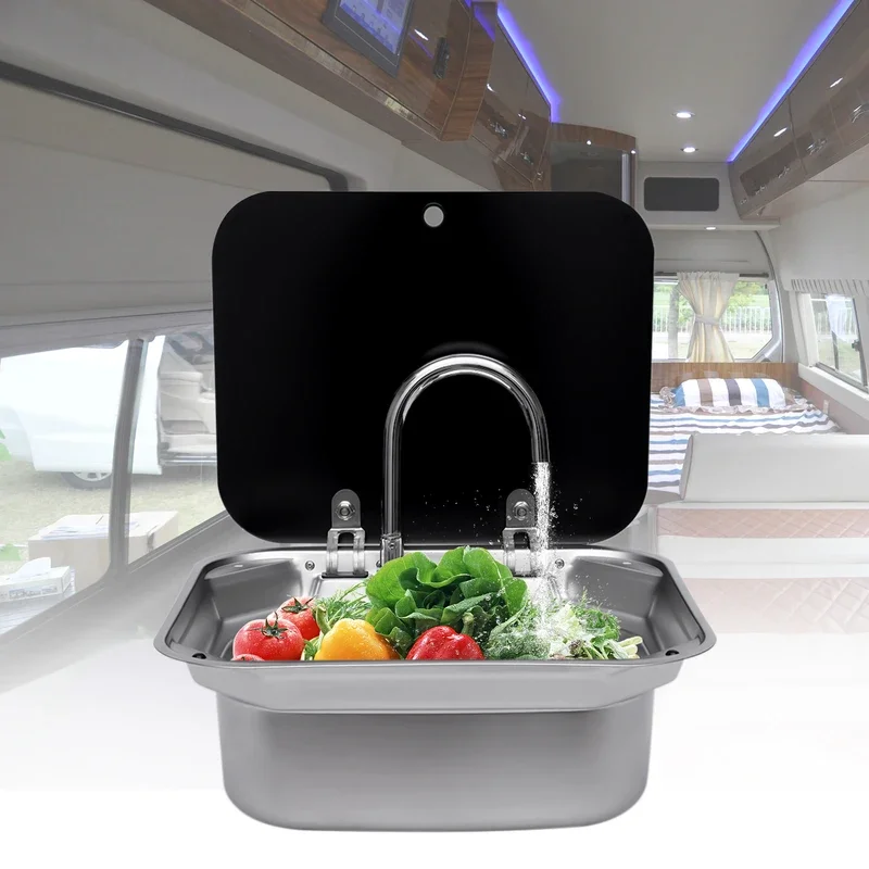 Single Bowl RV Caravan Hand Wash Basin Sink with Faucet & Lid, Kitchen Sink for RV Caravan Camper,16.14 x 14.37 x 6.3 Inches