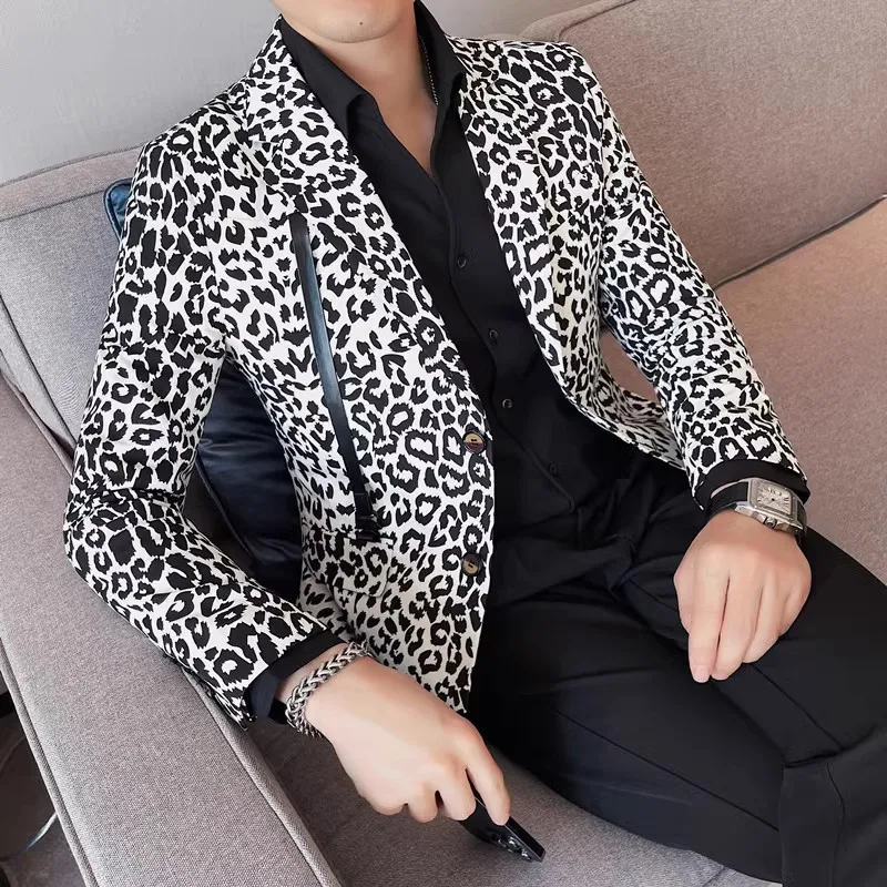 

High-quality fashion all-in-one banquet casual leopard print suit jacket men's slim suit two-grain single-row suit Blazers