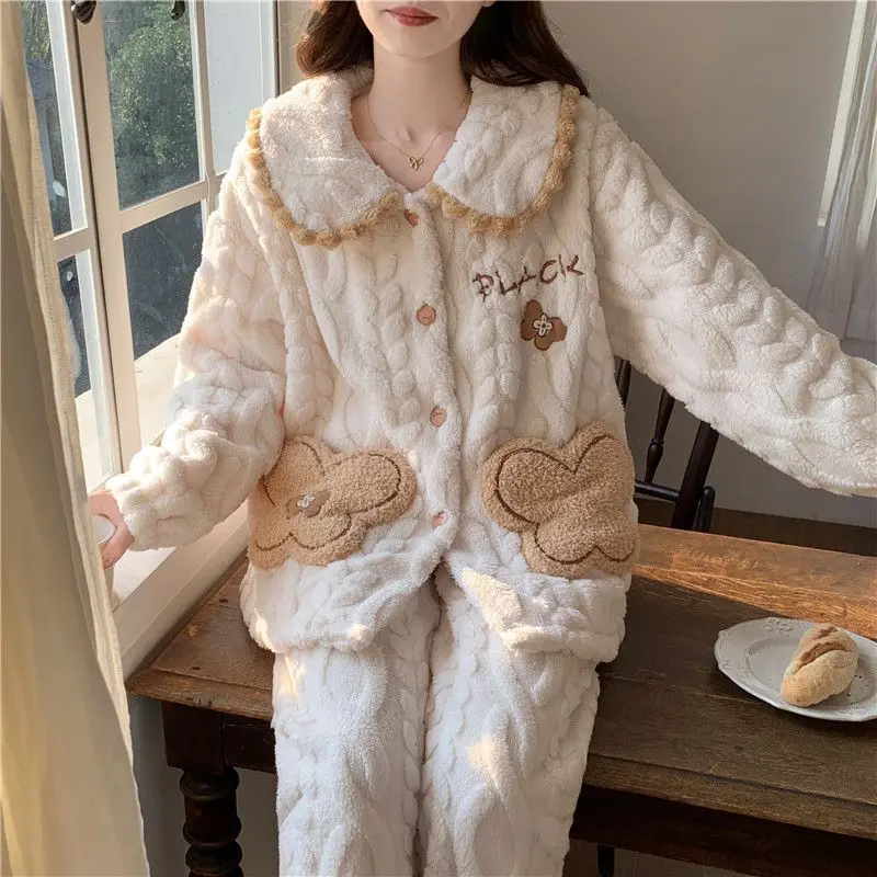

Новые женские пижамы из кораллового флиса, осень-зима, женские бархатные утепленные, милые, удобные, милые, домашняя одежда с длинными рукавами для девочек