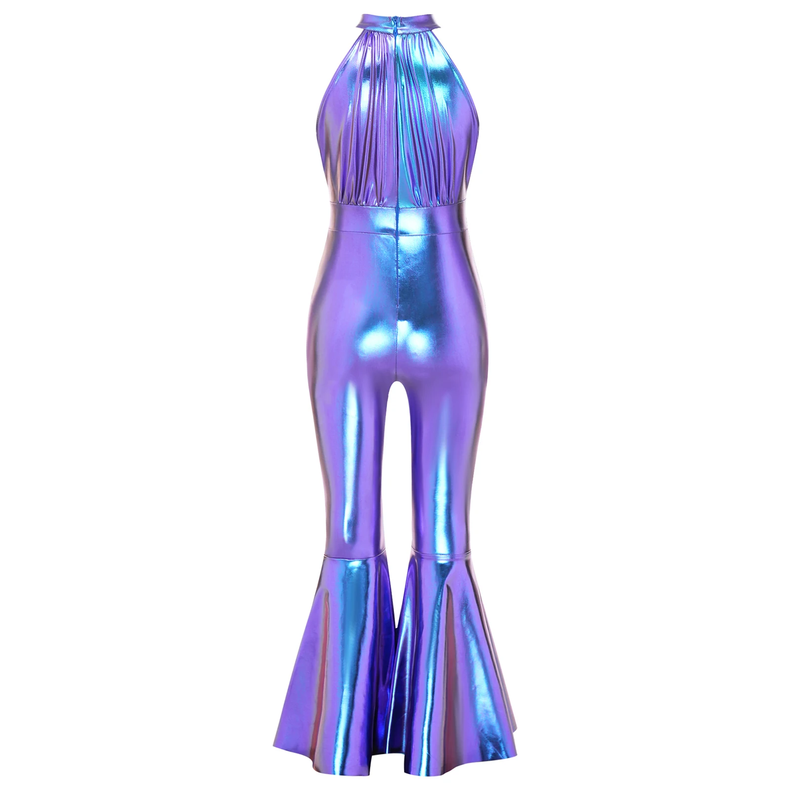 Kids Girls Metallic Shiny Rompers 70s Disco Jazz Dance Jumpsuit Rhinestone Halter Sleeveless Hippie Bell Bottoms Pants Pageants