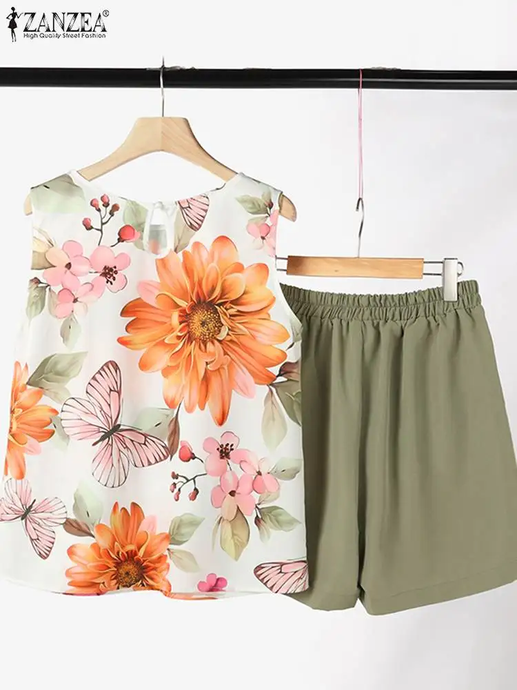 ZANZEA Casual Loose Summer Short Sets Elegant Floral Tank Tops Solid Elastic Waist Shorts 2pcs Outfits Holiday Tracksuits 2024