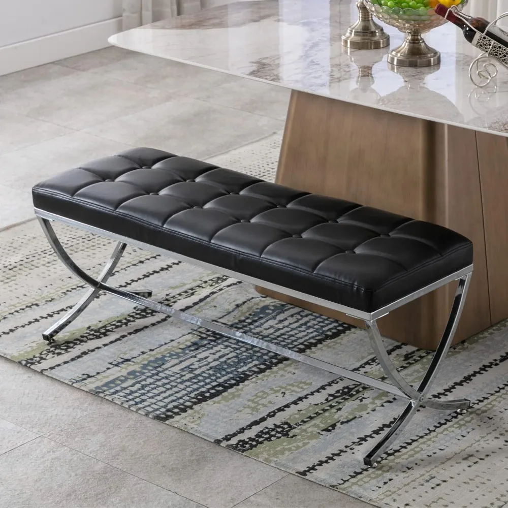 Modern PU Leather Dining Bench, Button Tufted Ottoman Bench with X-Shape Chrome Finish Upholstered End of Bed Bench Comfy