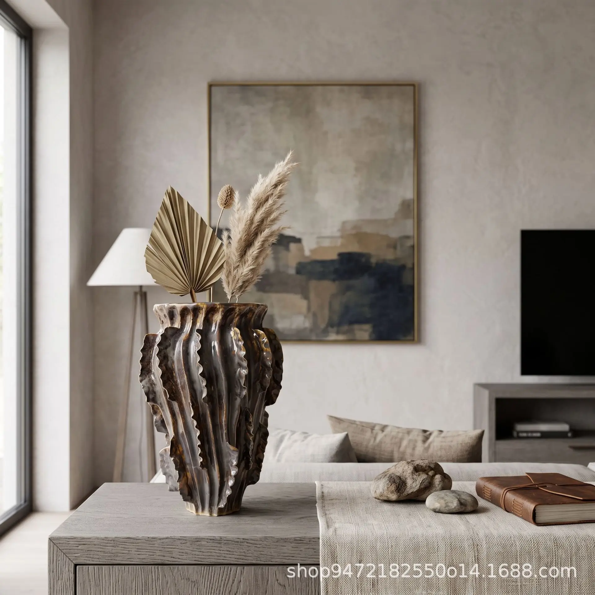 Brown ash kiln glaze relief special-shaped ceramic vase, modern art model room
