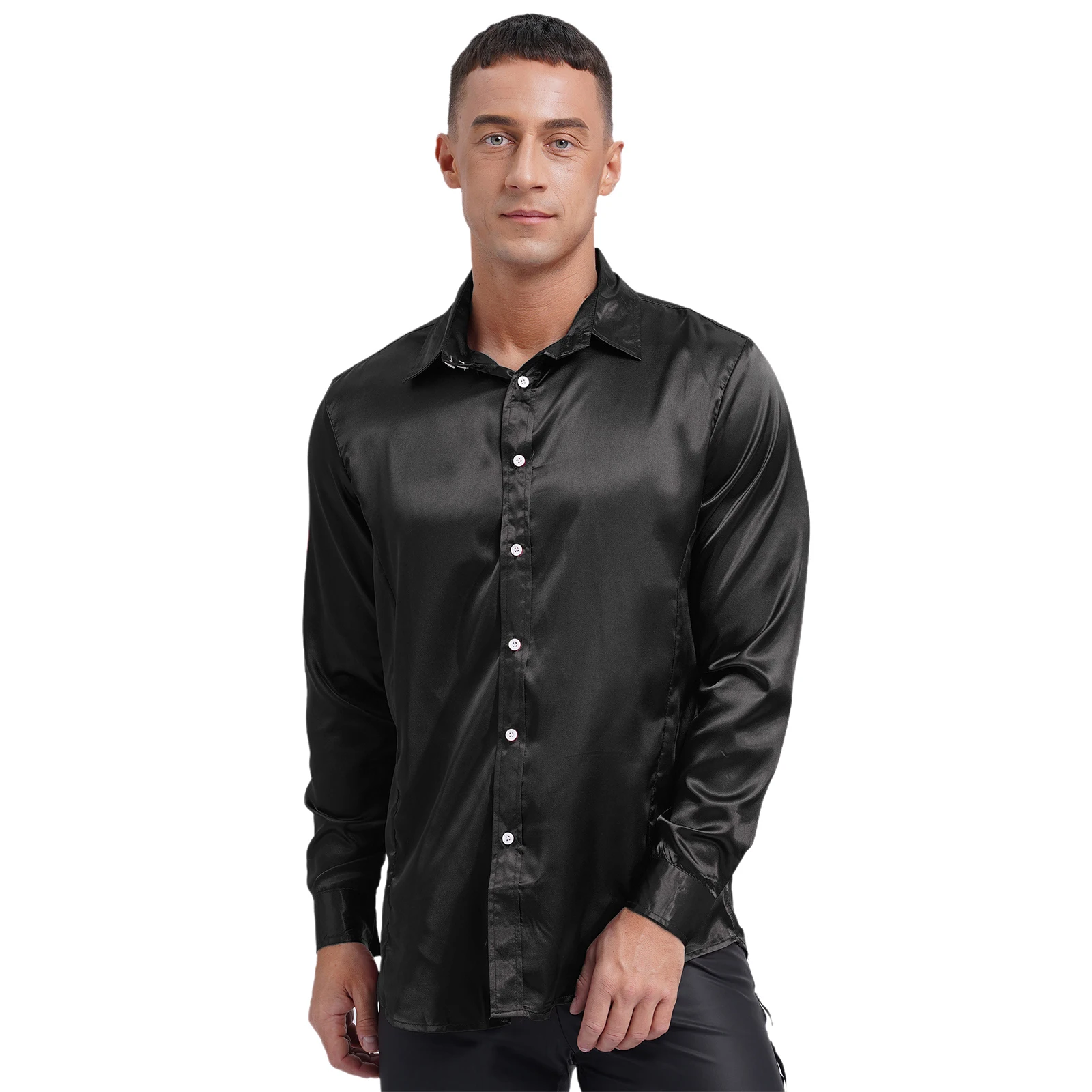 

Mens Shiny Satin Luxury T-Shirt Slim Fit Silk Casual Dance Party Long Sleeve Fitted Wrinkle Free Shirts Office Work Solid Shirts