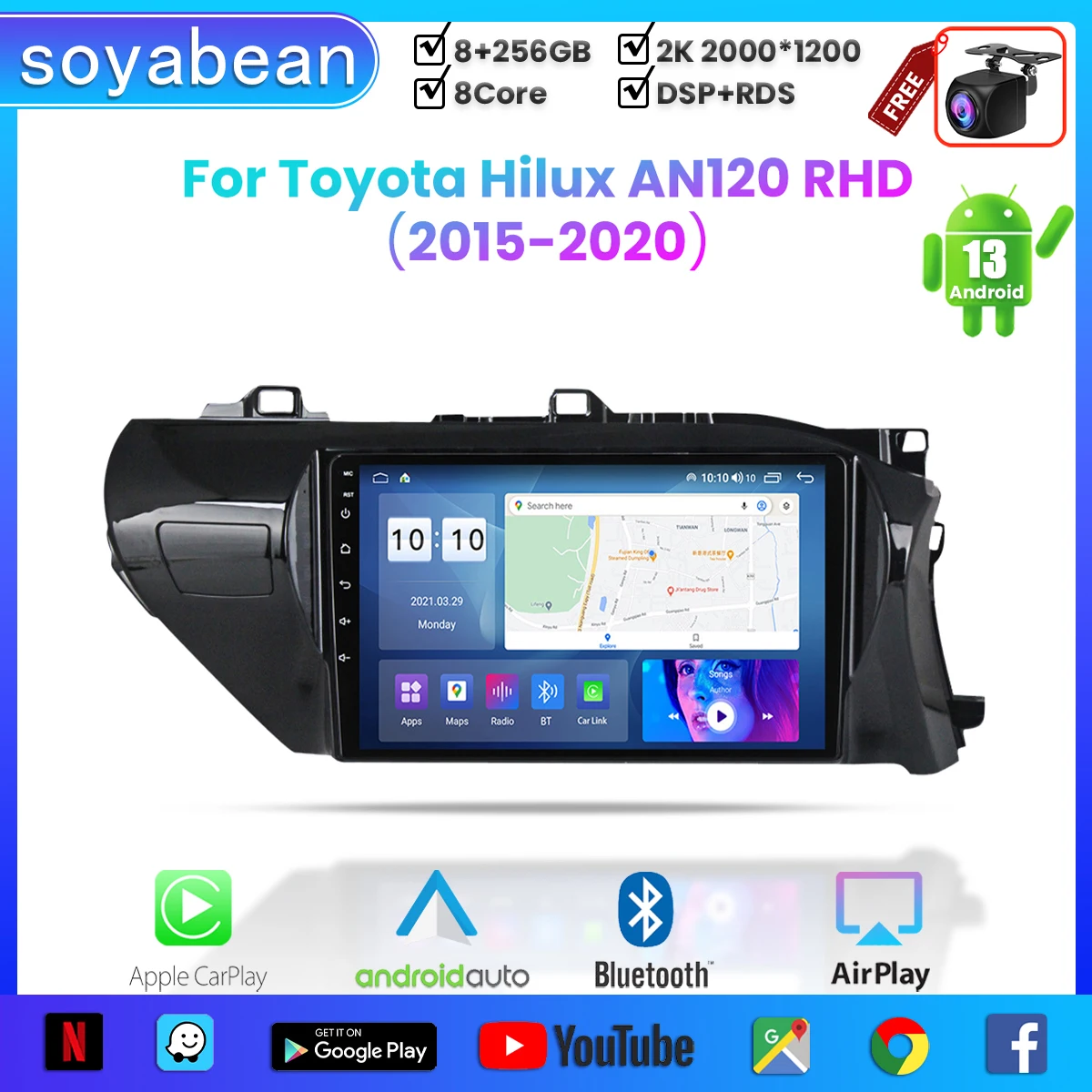 

Автомобильный радиоприемник Android 13 для Toyota Hilux AN120 2015-2020, 10-дюймовый мультимедийный плеер с 4G WiFi Carplay и 2Din GPS