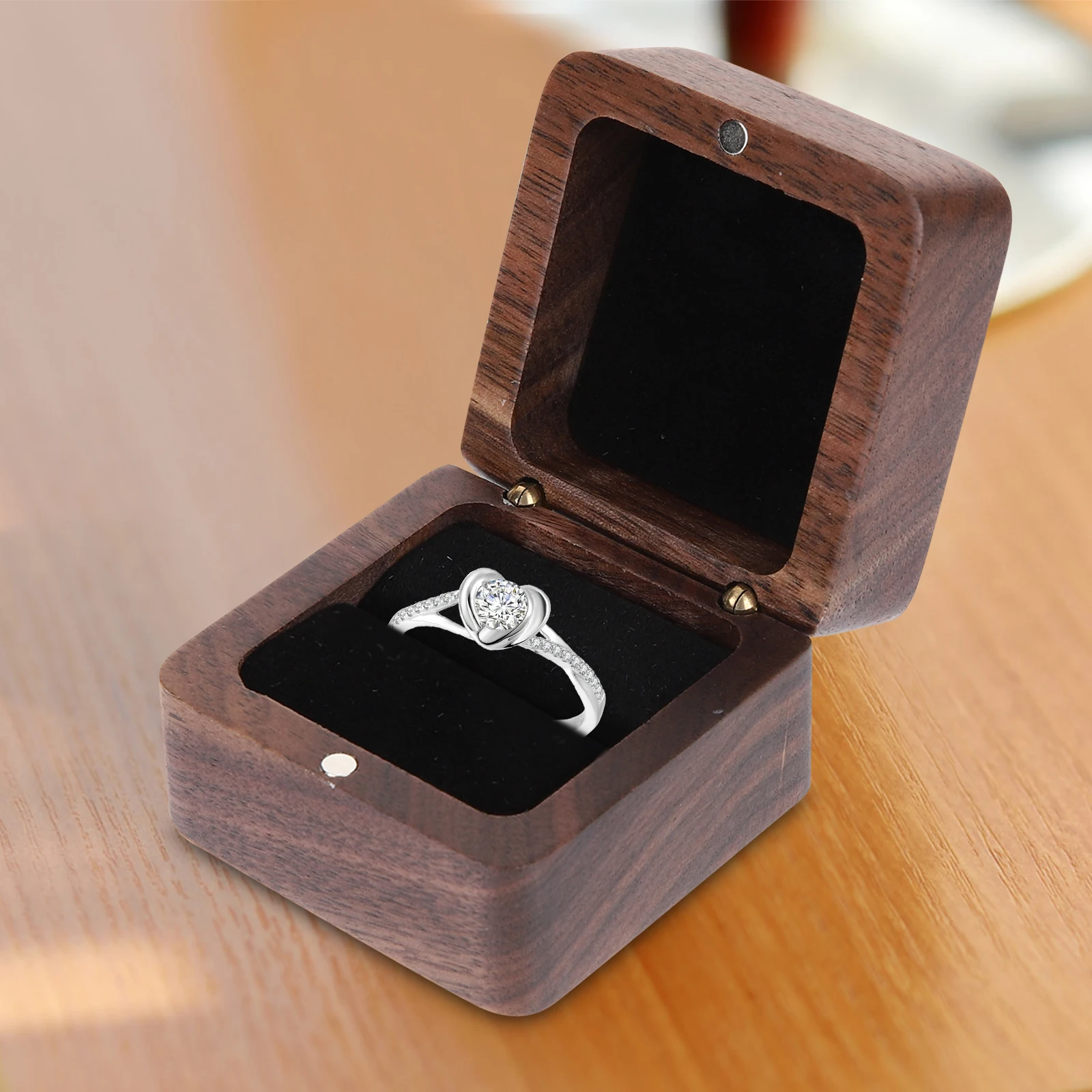

Wooden Ring Box Engagement Wedding Proposal Small Jewelry Storage Container for Rings Diamond Studs Earrings Portable Elegant