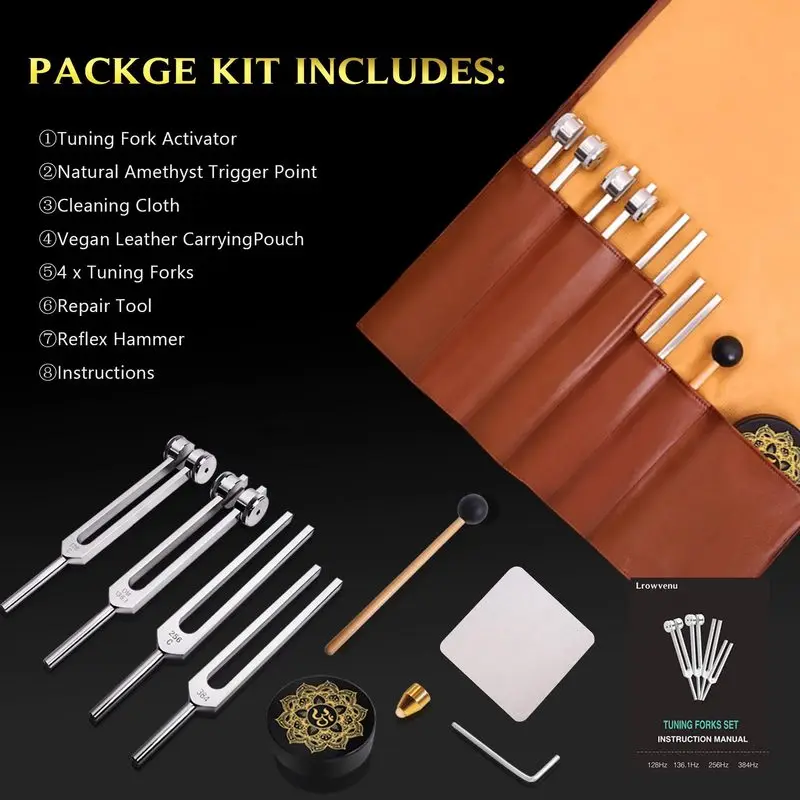 Tuning Fork Set 128/136.1/256/384Hz, Osteo + Earth Om + Octave Harmonics, Sound Therapy Auricular Massage