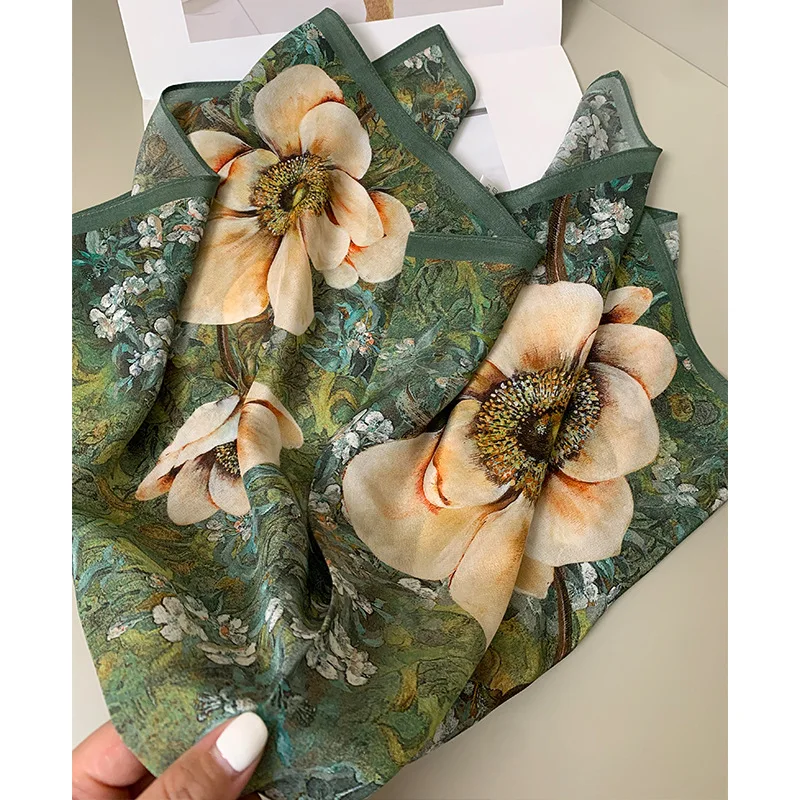 Fashion flower silk double crepe small square scarf women ins high-end silk versatile decorative silk scarf scarf