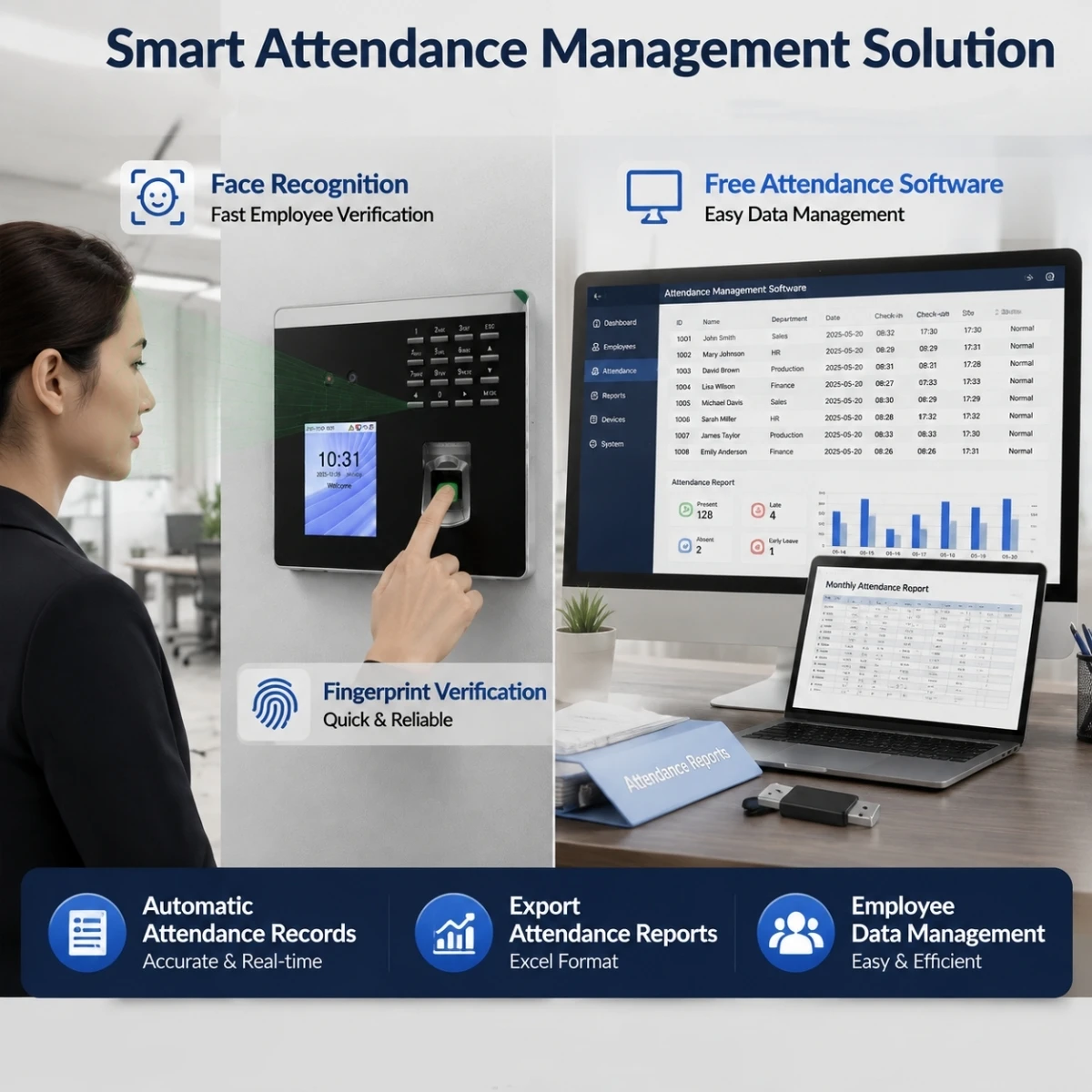 Biometric Time Attendance Machine ZK XFace100 Face Fingerprint Recognition Employee Clock 1500 Users TCP/IP WiFi Free Software