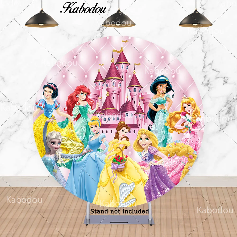 Disney Princess Circle Photo Backdrop Girls Birthday Party Cinderella Ariel Belle Round Photography Background Cylinder Covers