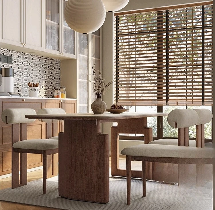 

French dining table travertine rock slab black antique ash wood rectangular solid wood