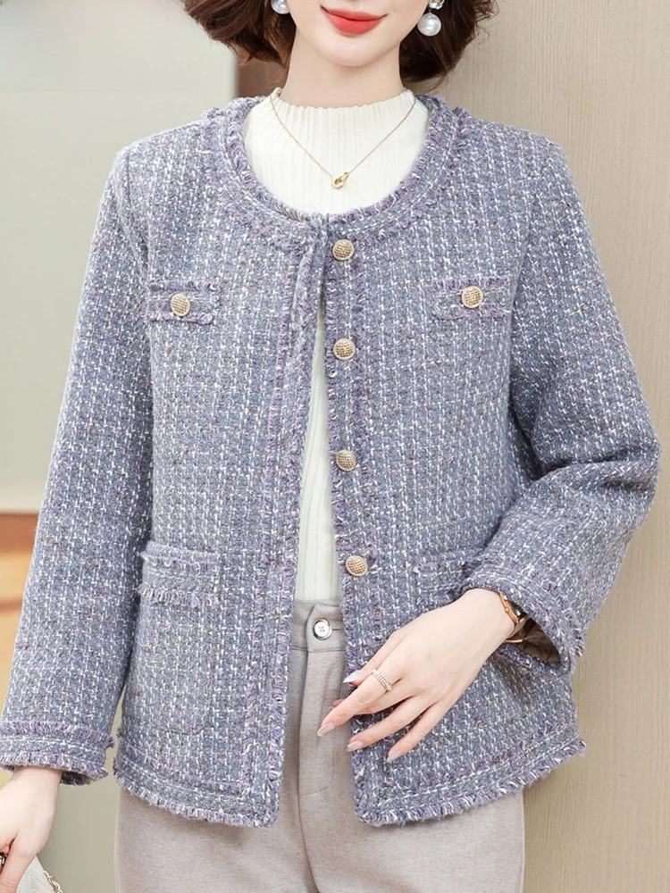 

Модная клетчатая верхняя одежда: куртка в стиле французского шика из осенней коллекции для женщин среднего и старшего возраста, качественный полиэстер