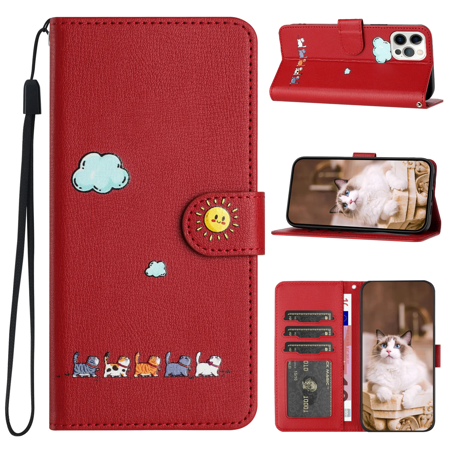 Leder Katze Telefon Brieftasche Fall Buch Für Samsung Galaxy S25 S24 Ultra S23 S22 Plus S21 S20 FE A16 A26 A36 A56 Karte Nette Flip-Cover – Detail 9