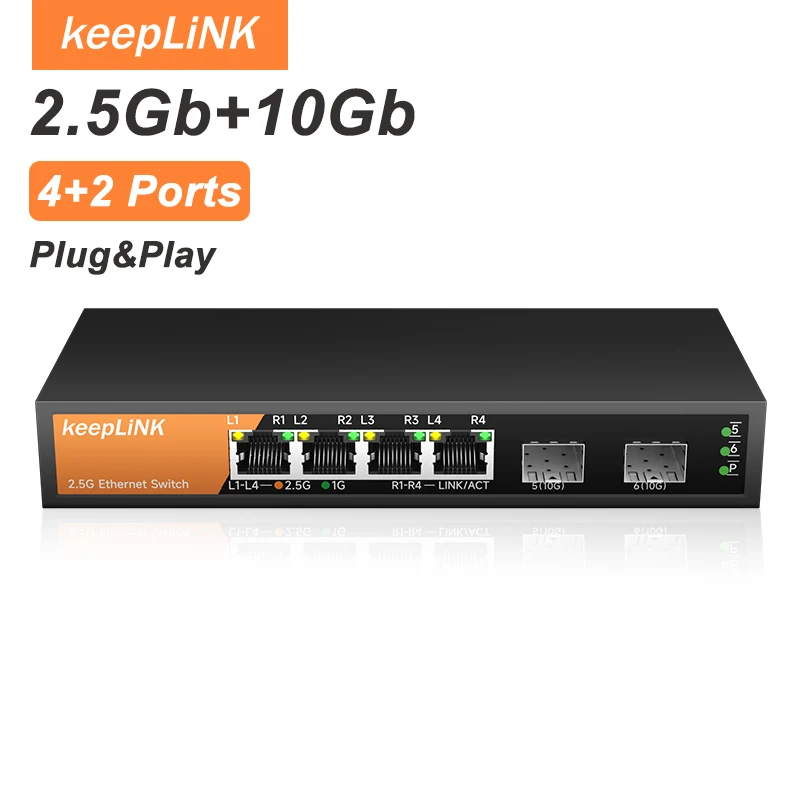 

Неуправляемый 6-портовый мультигигабитный Ethernet-коммутатор KeepLiNK с 4 портами 2.5Gb и 2 портами 10Gb SFP+