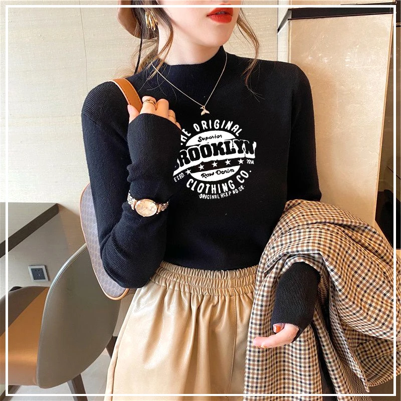 Women\'s 2024 New Autumn Winter Spliced Sweater Half High Collar Printed Letter Fashion Minimalist Casual Long Sleeve Knitted Top