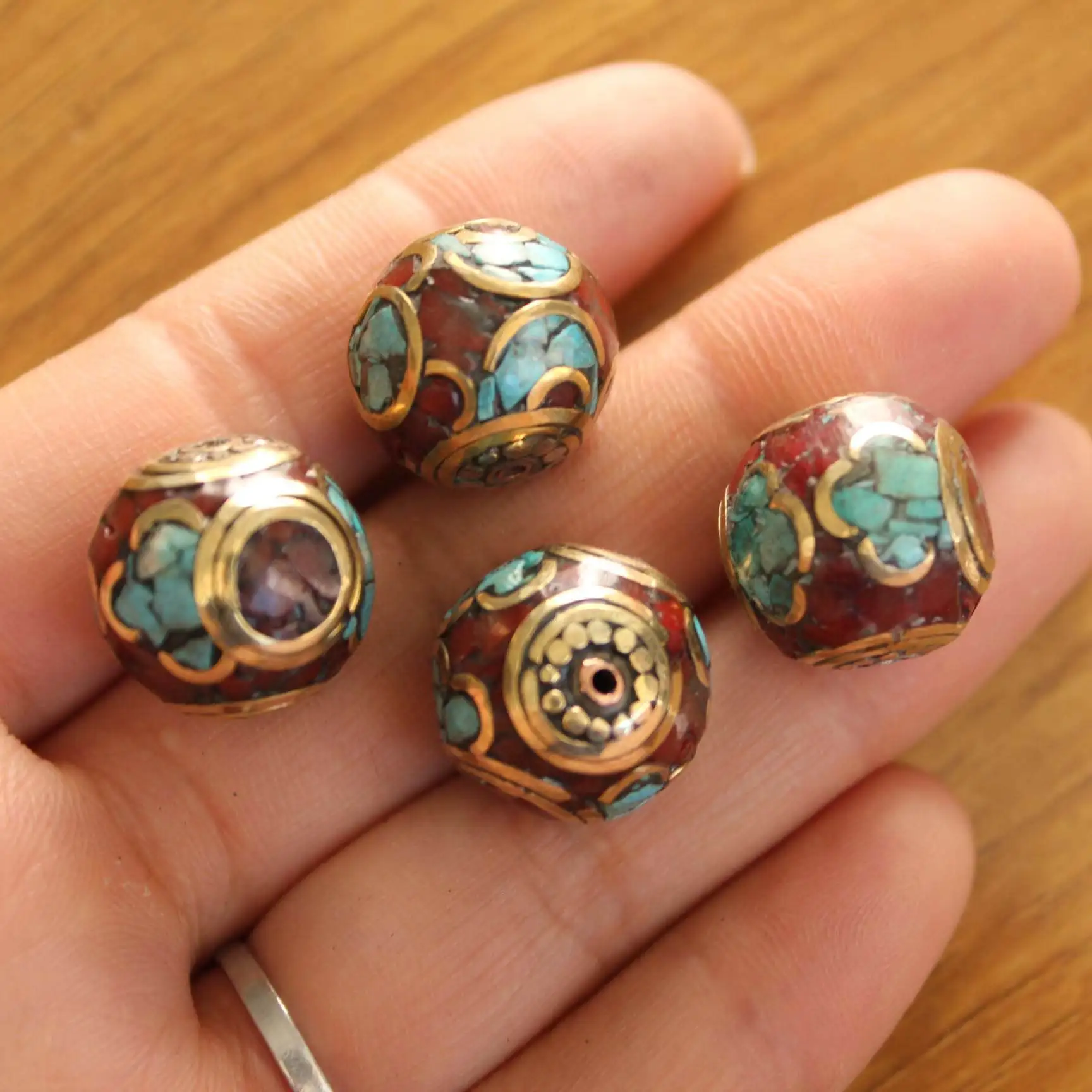 BD151 Nepal Handmade Beads Brass Colorful Stone 16mm Round Ball Beads Jewelry Accessories 4 Beads Lot