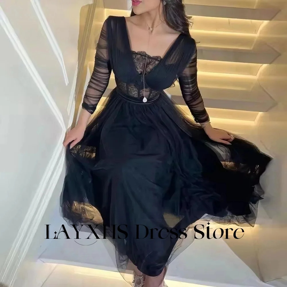 LAYXHS Simple Black V-Neck Evening Dresses Tulle Long Sleeves Lace A-Line Formal Prom Dresses Customized فساتين شارون سعيد