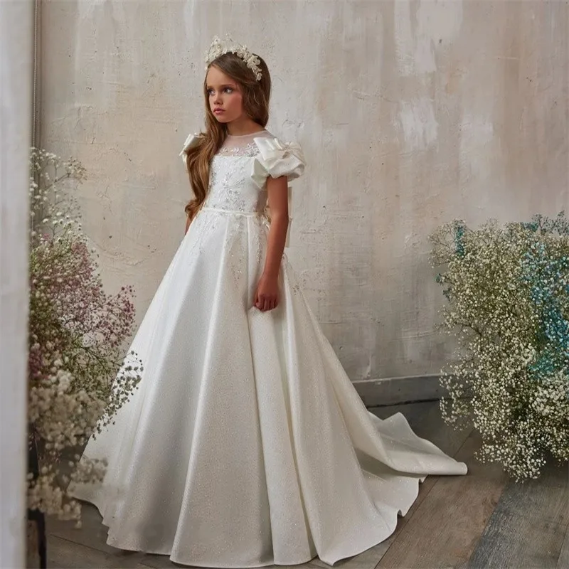 Ivory Flower Girl Dresses For Wedding 2024 Bow Sequins Satin Lace Baby Girl Prom Gown for Photoshoot First Communion Gowns