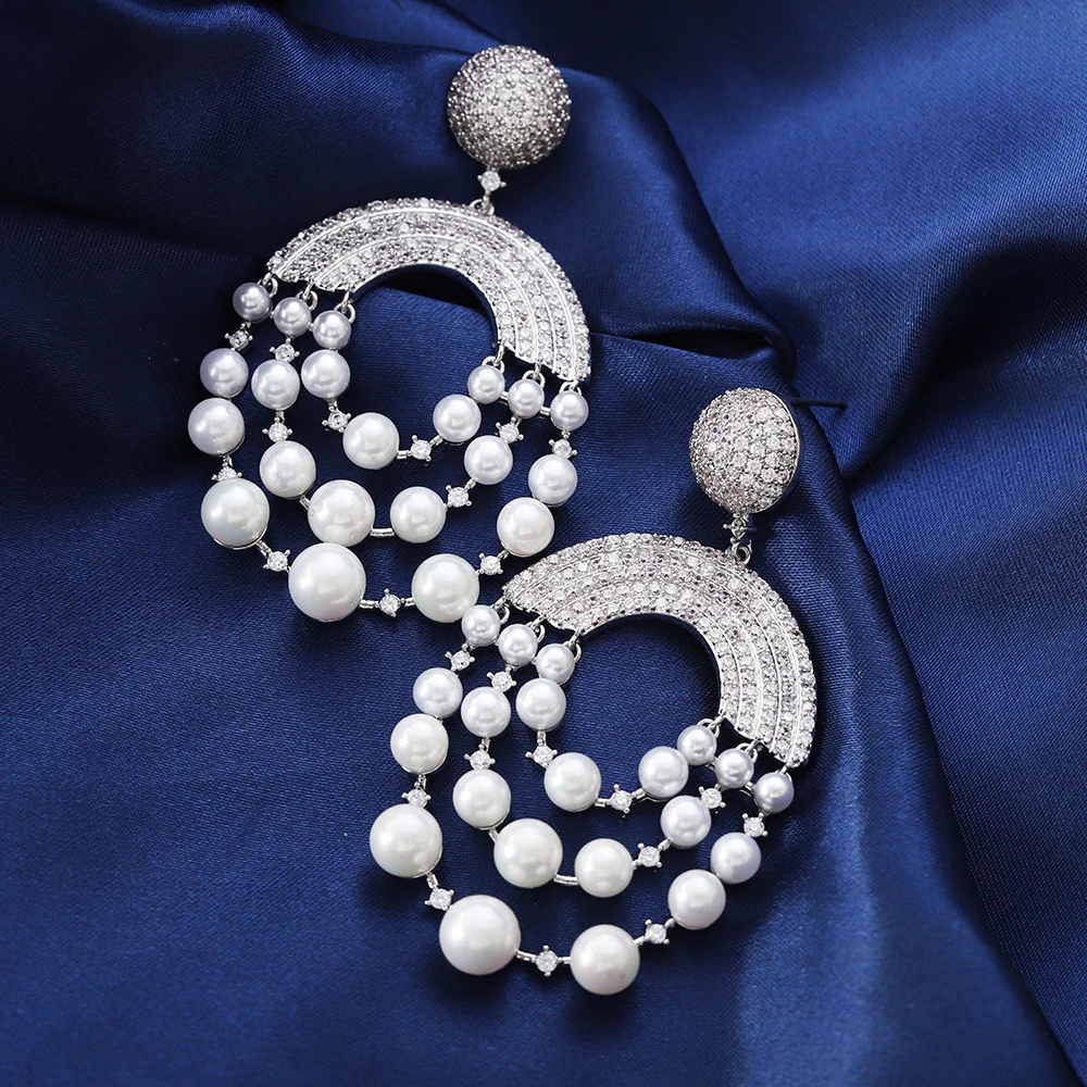Fashion Drop Earrings Women's Wedding Party Cubic Zircon Earrings Brazilian Style Mock Pearls Luxury Jewelry