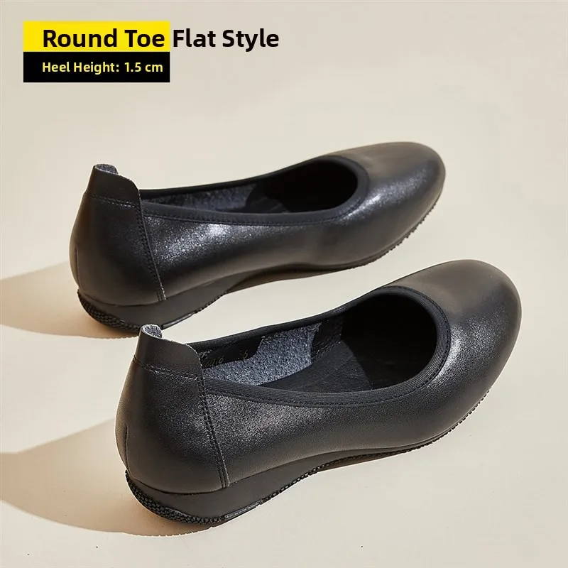 

Elegant Low Heel Women's Shoes Black Leather Soft Surface for Hotel And Bank Professional Work Shoes Comfortable Slip-On