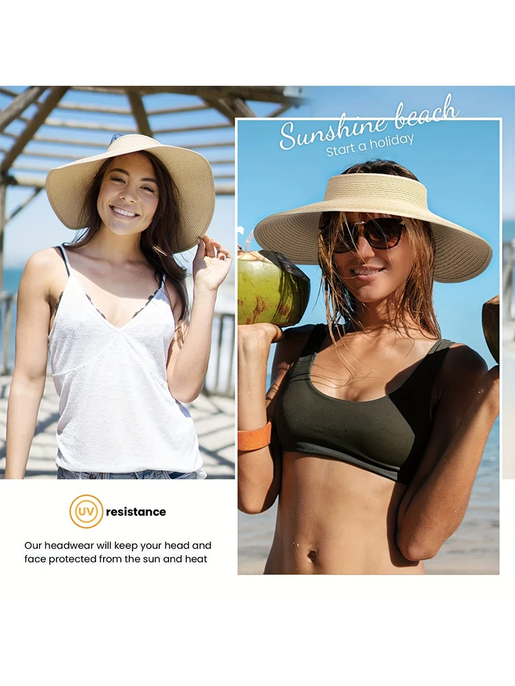 AliExpress New Style Summer Sun Hat for Women Wide Brim UV Protection Foldable Breathable Empty Top Straw Hat Outdoor Beach Travel Cycling