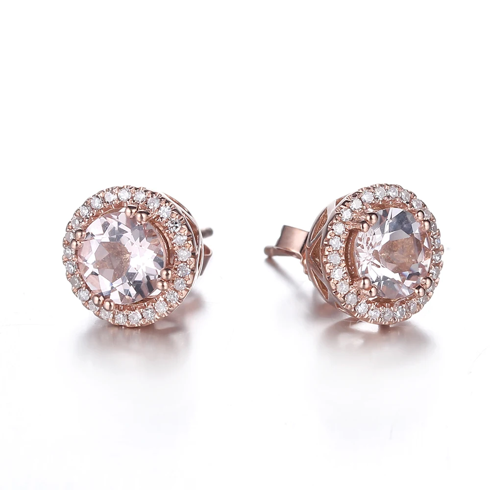 HELON Solid 18k Rose Gold Stud Earrings Round 1.43ct Morganite  Diamonds Engagement Wedding Earrings for Women Jewelry Gift