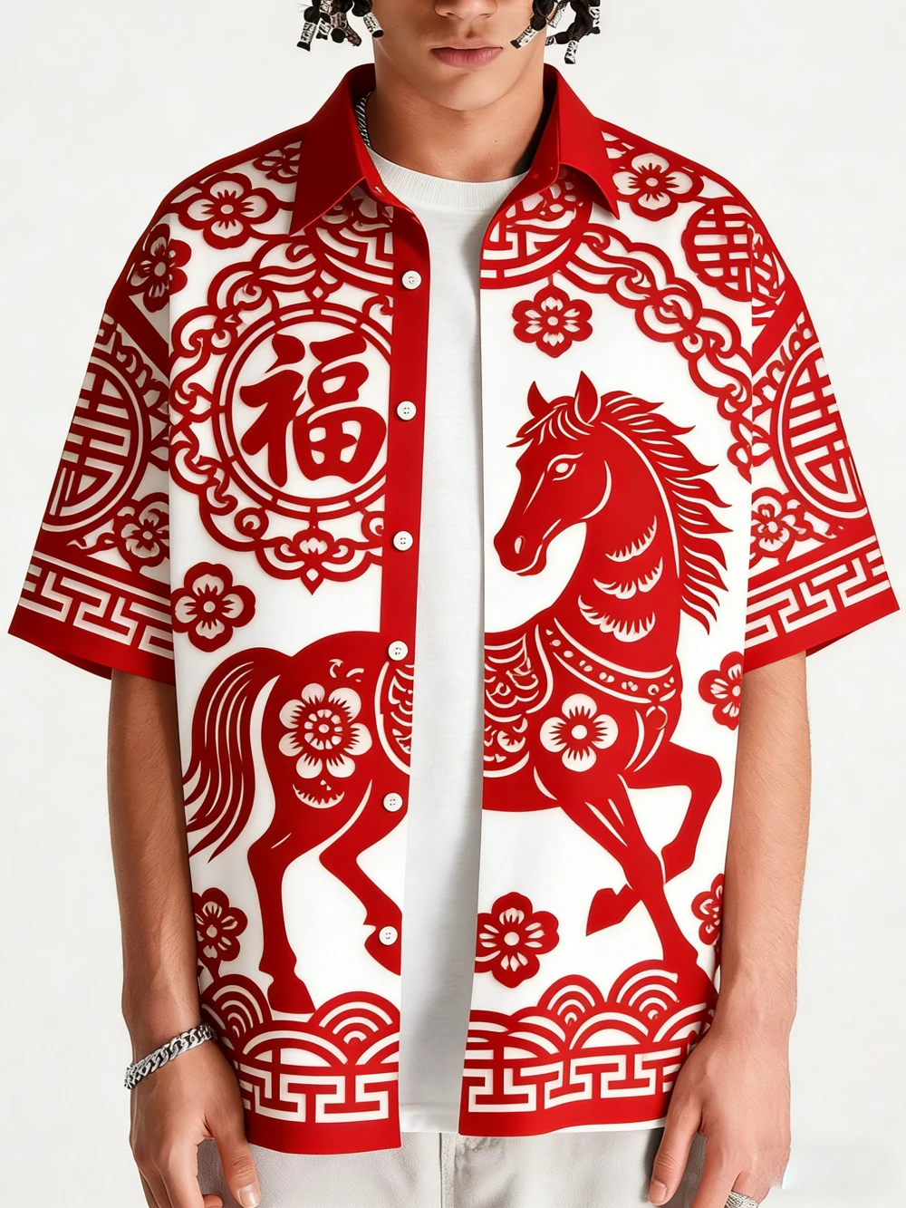 

2026 Men's New Year Red Festive Shirt Zodiac Horse HD Print Designer Shirt Hawaii Vacation Home Party Men's Wear soft fabric