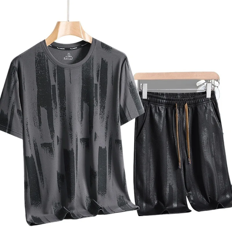 25 Summer Ice Silk Sports Suit Men's Printed Short-Sleeved T-Shirt Quick Dry Gym Clothing Men Clothing