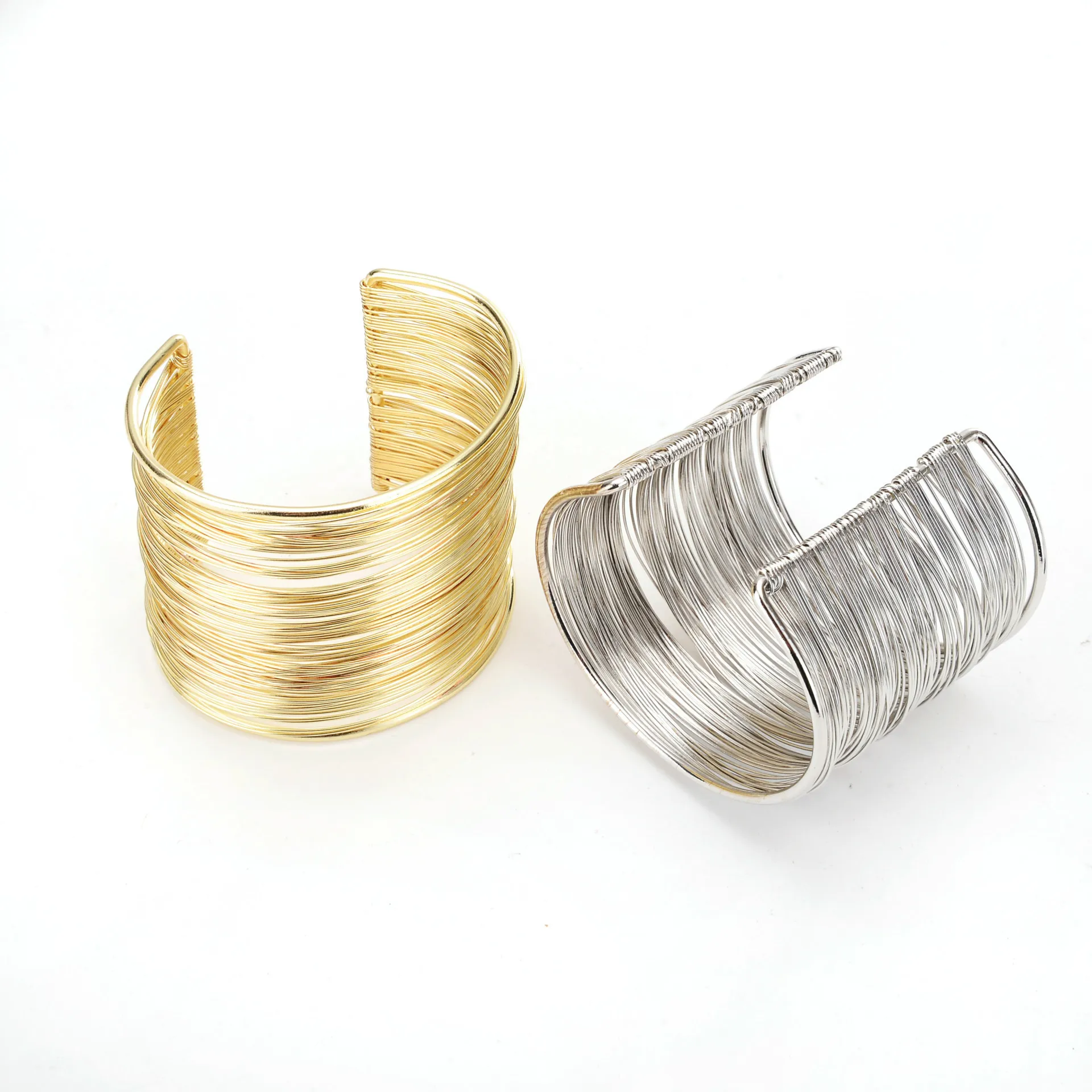 New Punk Multilayer Metal Wires Strings Bracelets Bangles for Women Vintage Exaggerated Gold Color Wide Open Cuff Bangle Jewelry