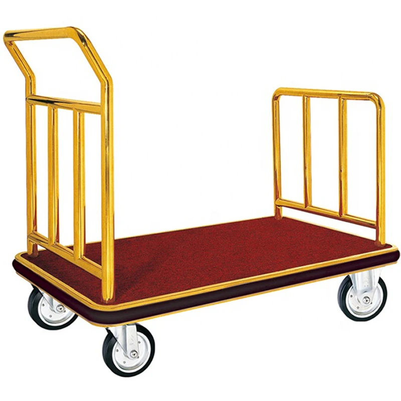 Hotel Stainless Steel Luggage Trolley Golden Baggage Hand Trolley Cart with Red Carpet Made in China