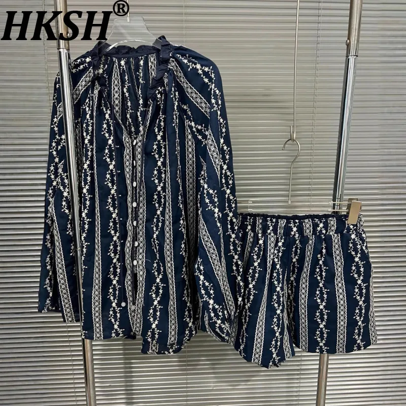 

HKSH комплект из двух предметов для женщин, осенняя новая однобортная рубашка с рюшами и длинными рукавами, элегантная модная универсальная рубашка, повседневные шорты HK10747