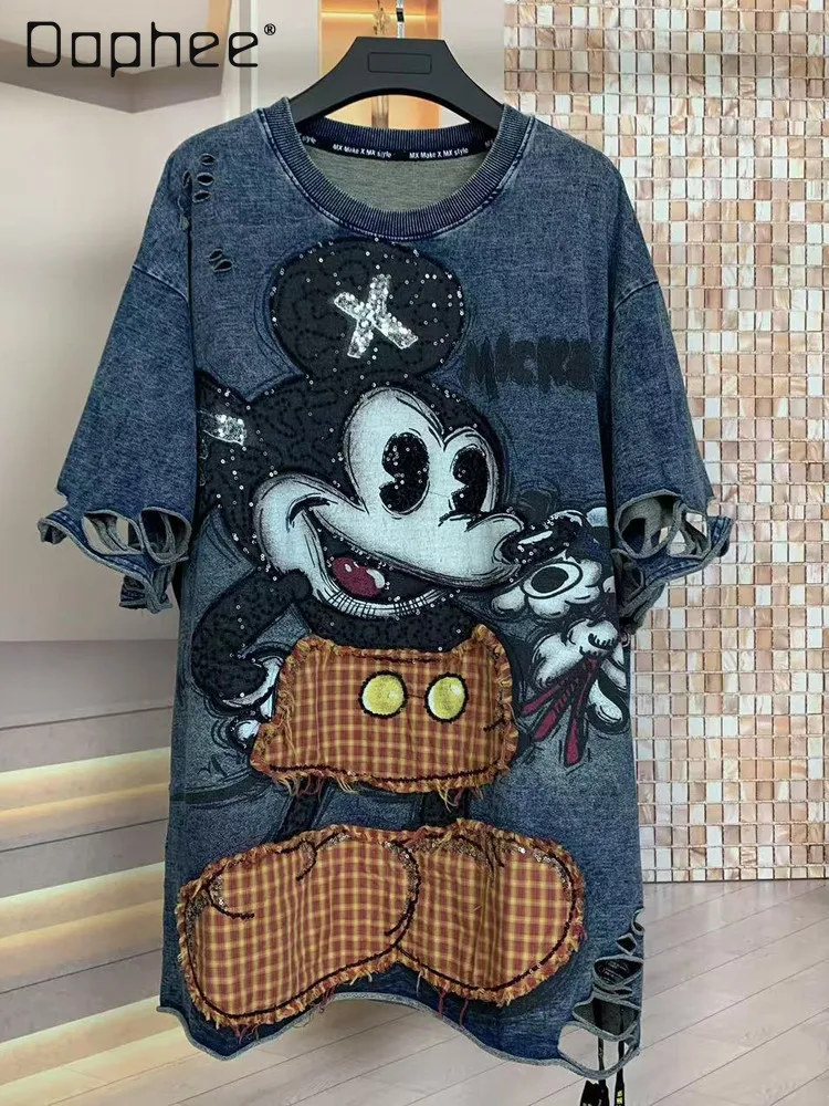 

Trendy Cartoon Short Sleeve T-Shirt Women 2025 New Autumn Heavy Embroidery Distressed Denim Fashion Mid-Length Loose Top