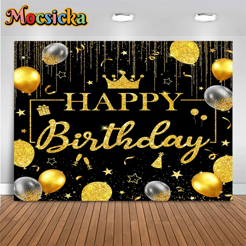 Mocsicka Black Gold Glitter Happy Birthday Photography Backdrop Crown Balloon Star Decor Background Cloth Adult Party Photobooth